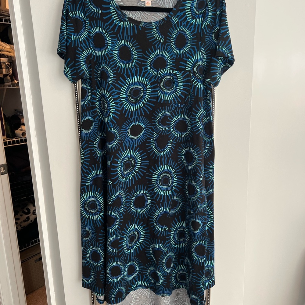 LLR Blue and Black Sunburst Patterned Women's High Low hem Dress - Picture 2 of 3